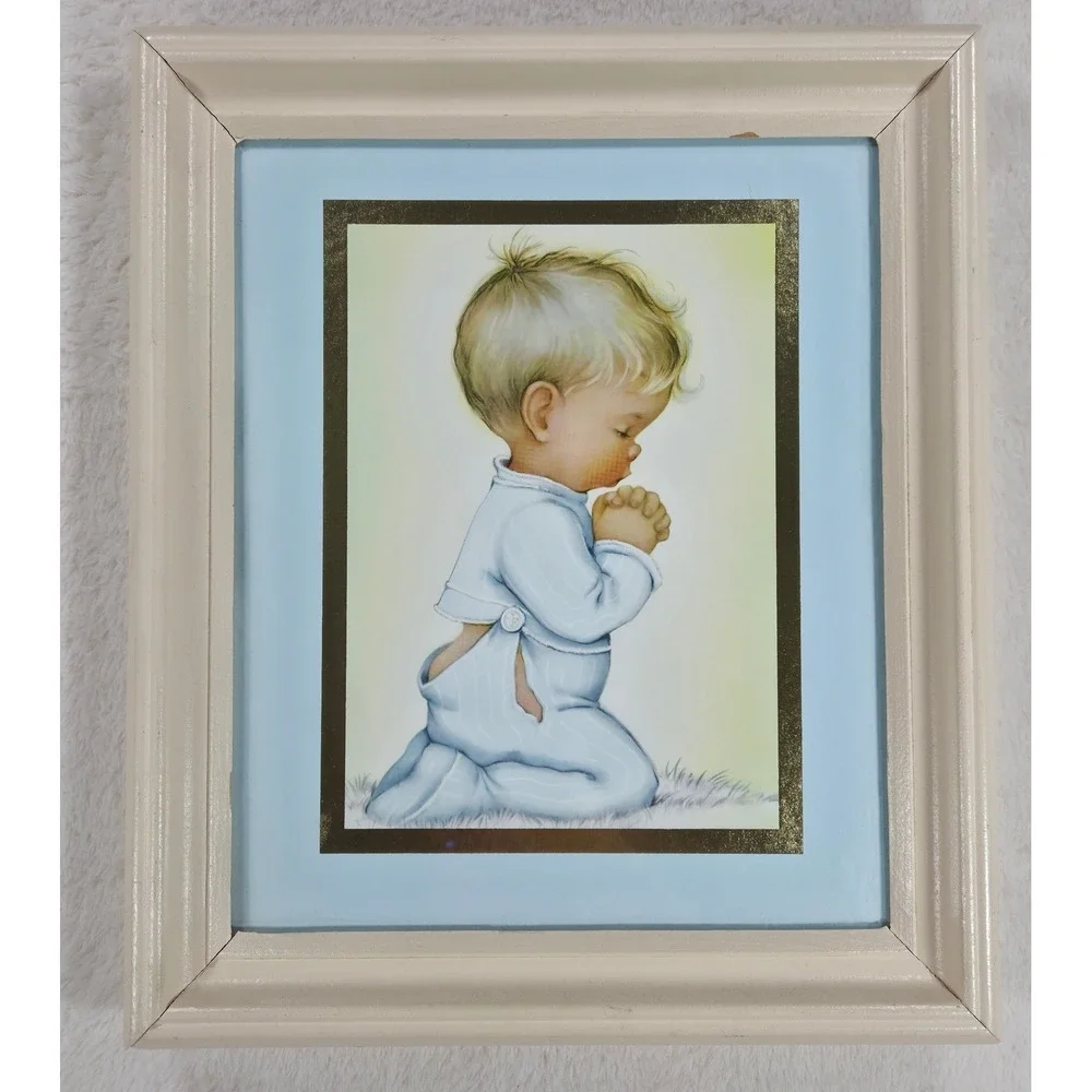 VTG Pair Charlot Byj Prints Framed Gold Foil Mat Praying Boy GIrl Nursery Art